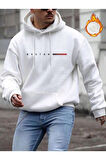 Erkek Boston Baskılı Oversize Kapşonlu Sweatshirt