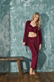 Kadın Crop Fransız Kadife Sabahlıklı Dantel Detaylı Bralet Pijama Takımı 3lü Set