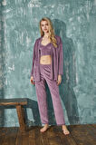 Kadın Crop Fransız Kadife Sabahlıklı Dantel Detaylı Bralet Pijama Takımı 3lü Set