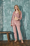 Kadın Crop Fransız Kadife Sabahlıklı Dantel Detaylı Bralet Pijama Takımı 3lü Set