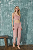 Kadın Crop Fransız Kadife Sabahlıklı Dantel Detaylı Bralet Pijama Takımı 3lü Set