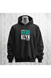 Brooklyn USA Baskılı Siyah Kapüşonlu Sweatshirt Hoodie Kalın Kumaş 3 İplik Şardonlu