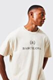 Unisex Bej Barcelona Baskılı Oversize Tshirt