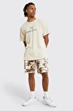 Unisex Bej Barcelona Baskılı Oversize Tshirt