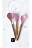 3 Lü Set Hakiki Bambu Saplı Silikon Kaşık Kepçe Spatula Seti