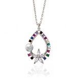 Gümüş Renkli Taşlı Çiçekli Kadın Kolye