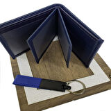 Deri Mavi Anahtarlık Cüzdan Set Dekoratif Hediyelik