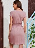 Buyers Butik Kadın Kısa Kollu Kruvaze Yaka Beli Gipeli Bürümcük Elbise