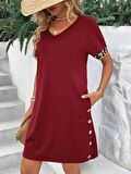 Buyers Butik Kadın Kolları Leopar Eteği Düğme Detay Viskon Elbise