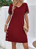 Buyers Butik Kadın Kolları Leopar Eteği Düğme Detay Viskon Elbise