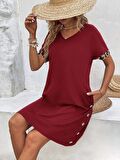 Buyers Butik Kadın Kolları Leopar Eteği Düğme Detay Viskon Elbise