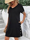Buyers Butik Kadın Kolları Leopar Eteği Düğme Detay Viskon Elbise