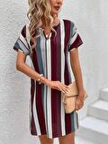 Buyers Butik Kadın Kısa Kollu V Yakalı çizgi Baskılı Süprem Elbise