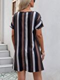 Buyers Butik Kadın Kısa Kollu V Yakalı çizgi Baskılı Süprem Elbise