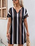 Buyers Butik Kadın Kısa Kollu V Yakalı çizgi Baskılı Süprem Elbise
