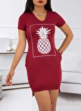 Ananas Baskılı Kısa Kol Viskon Elbise