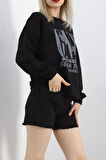 Buyers Butik Baskılı İki İplik Oversize Sweat Siyah - 21648.200.