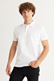 Erkek Beyaz Slim Fit Dar Kesim Polo Yaka %100 Pamuk Kısa Kollu Tişört