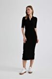 DeFacto Bodycon Polo Yaka Fitilli Kaşkorse Kısa Kollu Midi Elbise A2096AX24SPBK27