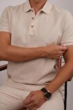 Bej Yaka Desenli Erkek Polo Tişört