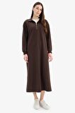 DeFacto Loose Fit Fermuarlı Polo Yaka Selanik Kumaş Basic Düz Uzun Kollu Midi Elbise F1640AX25SPBN595