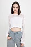 DeFacto Regular Fit Bisiklet Yaka Kroşe Ajurlu Delikli Crop Triko Kazak T4513AZ24AUER103