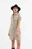 Kadın Bej Düğmeli Jean Elbise