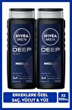NIVEA MEN Erkek Deep Dimension Duş Jeli 500ml, 3ü1 Arada Komple Bakım, Vücut Saç Yüz, Erkeksi Koku, X2 Adet