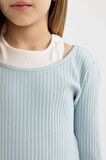 DeFacto Kız Çocuk Slim Fit Dar Kesim Bisiklet Yaka Fitilli Kaşkorse Uzun Kollu Tişört B7388A824SPBE506