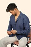 indigo Keten Apaj Yaka Relax Fit Erkek Gömlek