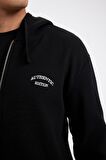 DeFacto Siyah Relax Fit Kapüşonlu Waffle Baskılı Cepli Fermuarlı Sweatshirt D2629AX24AUBK81