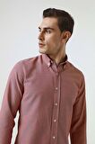 D'S Damat Slim Fit Kırmızı Armürlü Düğmeli Yaka Pamuklu Gömlek 5HC02ORT07265