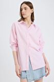 Oversize Geniş Kalıp Gömlek Yaka Çizgili Oxford Uzun Kollu Gömlek