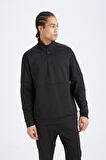 DeFactoFit Standart Fit Dik Yaka Fermuarlı Skuba Dalgıç Kumaş Sporcu Sweatshirt D7305AX25SPBK81