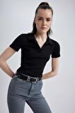 DeFacto Fitted Polo Yaka Fitilli Kaşkorse Kısa Kollu Tişört A0379AX23SMBK81