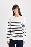 DeFacto Relax Fit Bisiklet Yaka Çizgili İnce Sweatshirt A9255AX24WNER105