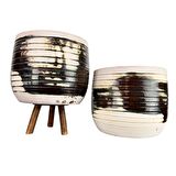 Ev Dekorasyon Aksesuar Yeşil Sırlı Terrakota Toprak Saksı Saksılık Salon Çiçeklik İkili Set Ayaksız - 3 Ayaklı- 19 CM