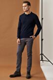 Erkek Antrasit Kanvas Slim Fit Dar Kesim Yan Cep Esnek Chino Pantolon