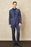 Erkek Lacivert-kahverengi Slim Fit Dar Kesim Mono Yaka Desenli Takım Elbise