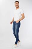 Erkek Skinny Ripped Patch Detaylı Jean Koyu Mavi