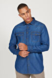 Erkek Mavi Slim Fit Dar Kesim Gizli Düğmeli Yaka %100 Pamuk Denim Gömlek