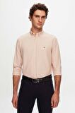 Slim Fit Ekru Oxford Düğmeli Yaka Kolay Ütülenebilir Nakış Detaylı Pamuklu Gömlek 4HC02ORT03265