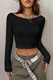 Merry See Kayık Yaka Örme Uzun Kollu Crop Top Bluz