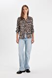 DeFacto Regular Fit Leopar Desenli Poplin Uzun Kollu Gömlek D3148AX24AUBK81