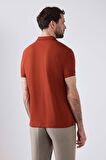 Regular Fit Kiremit Pike Dokulu %100 Pamuk Kıvrılmaz Polo Yaka Nakışlı T-shirt 4HC14ORT51000