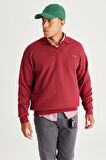 Erkek Bordo Loose Fit Içi Polarlı 3 Iplik Polo Yaka Jakarlı Sweatshirt