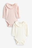 % 100 Pamuklu Pembe Krem Uzun Kollu Fırfır Yakalı Body Zıbın Set