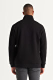Erkek Siyah Standart Fit Normal Kesim Içi Polarlı Bato Yaka Pamuklu Sweatshirt