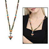 Tesbihane El Yapımı Etnik Ahşap Kombinli Yeşil Renk Geçişli Mızrak Uçlu Otantik Kolye