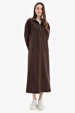 DeFacto Loose Fit Fermuarlı Polo Yaka Selanik Kumaş Basic Düz Uzun Kollu Midi Elbise F1640AX25SPBN595